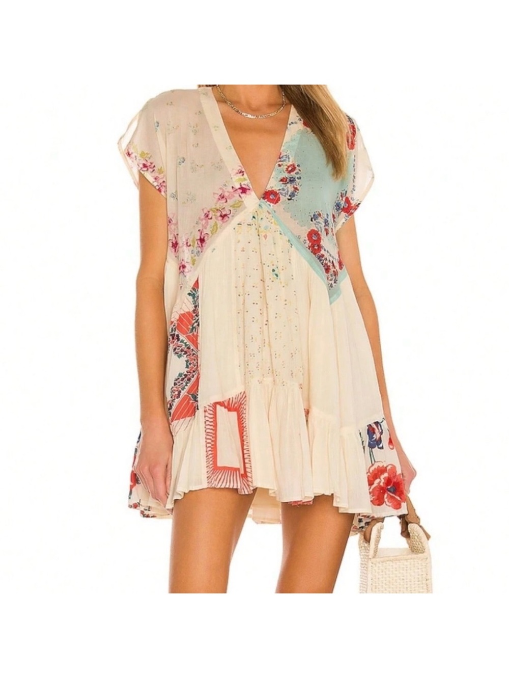 Free People Cream Floral Patchwork With Scarves  Mini Dress